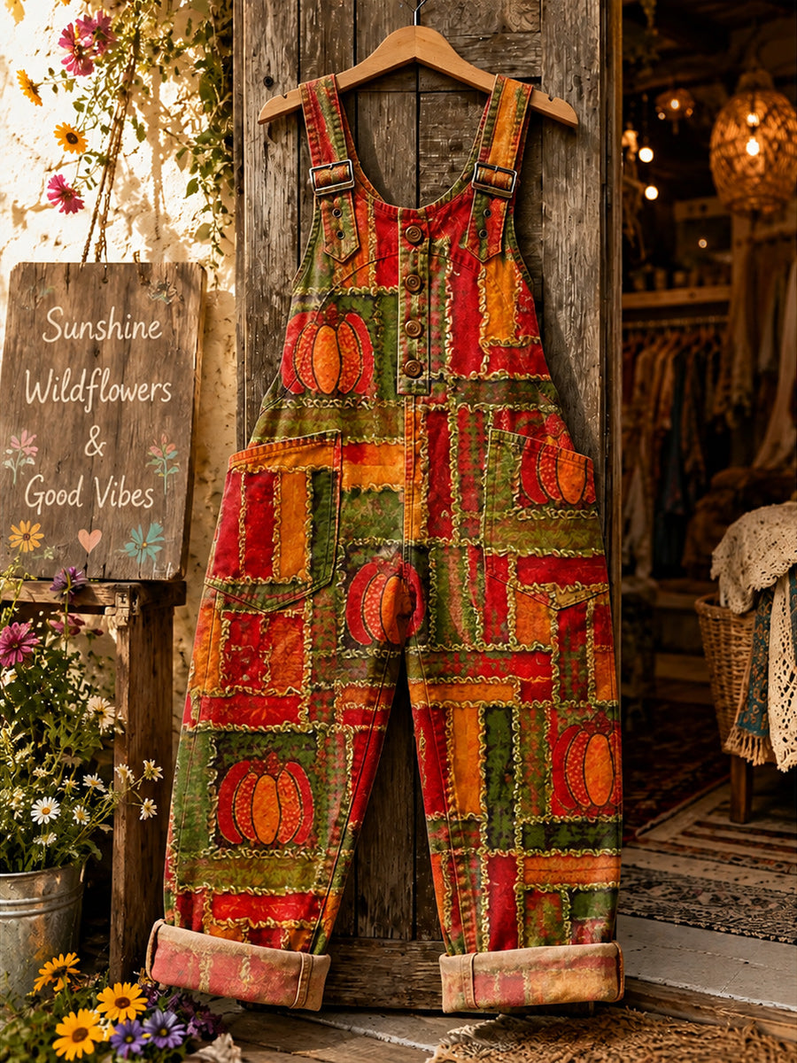 Women's Retro Style Art Print Washed Cotton Denim Patchwork Jumpsuit